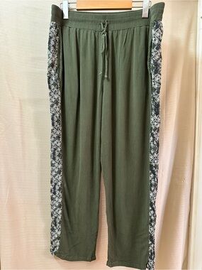 Kelly Renée Olive Wide Leg Pull On Pants XL Boho Crinkle Rayon Lounge